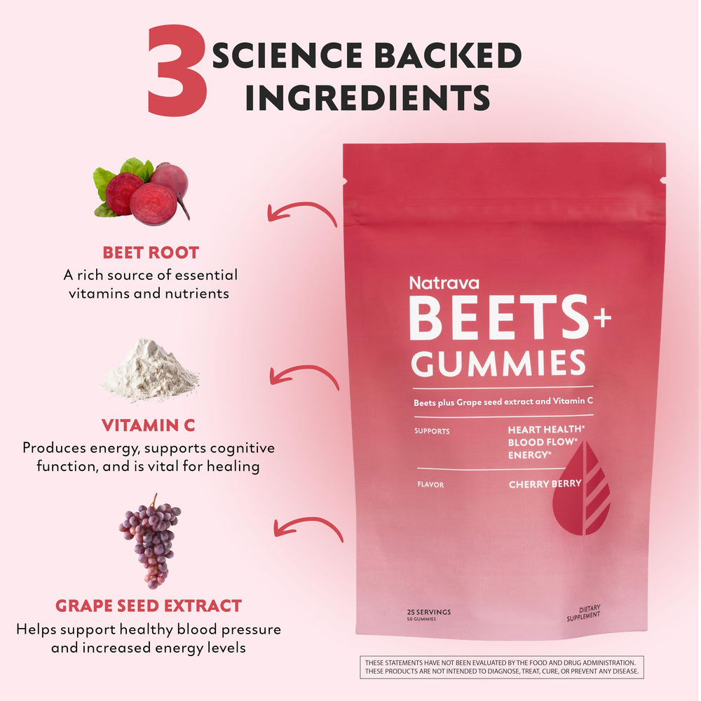 Natrava Beets+ Gummies label highlights vegan, non-GMO ingredients and clean formulation