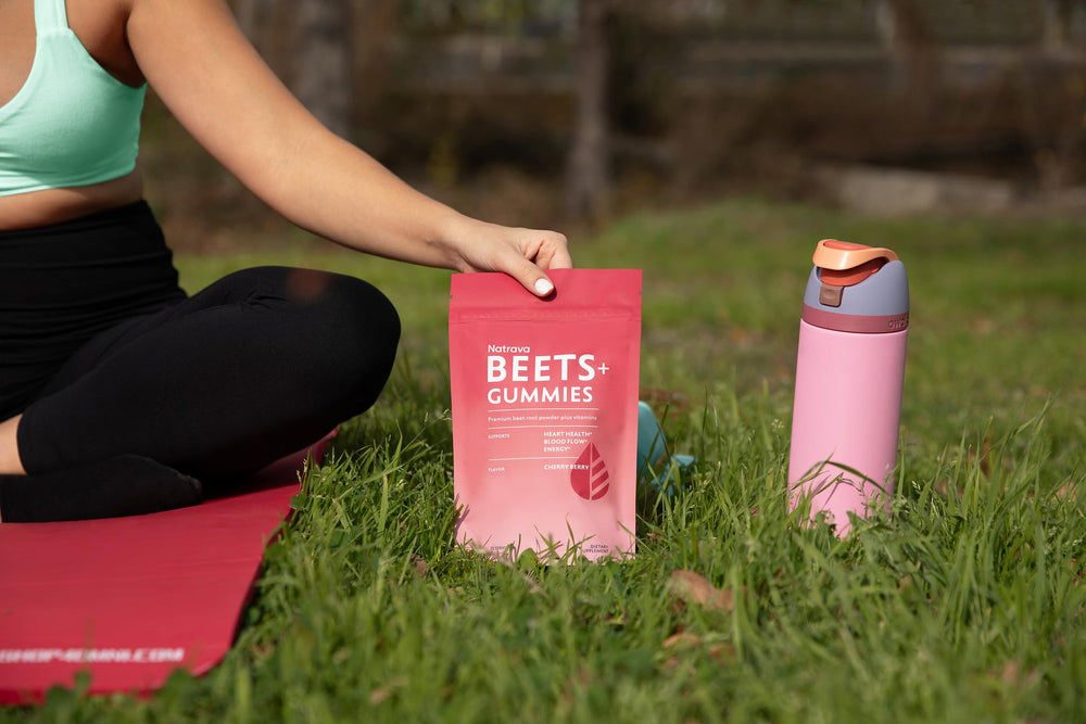 Natrava Beets+ Gummies packaging design highlighting Vitamin C and grape seed extract