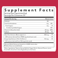 Natrava Beets+ Gummies poured beside beet powder visuals for nutrient-rich snacking