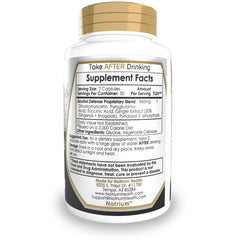 Natrium Health Alcohol Defense Capsules ingredients label highlighting dihydromyricetin and ginger extract.