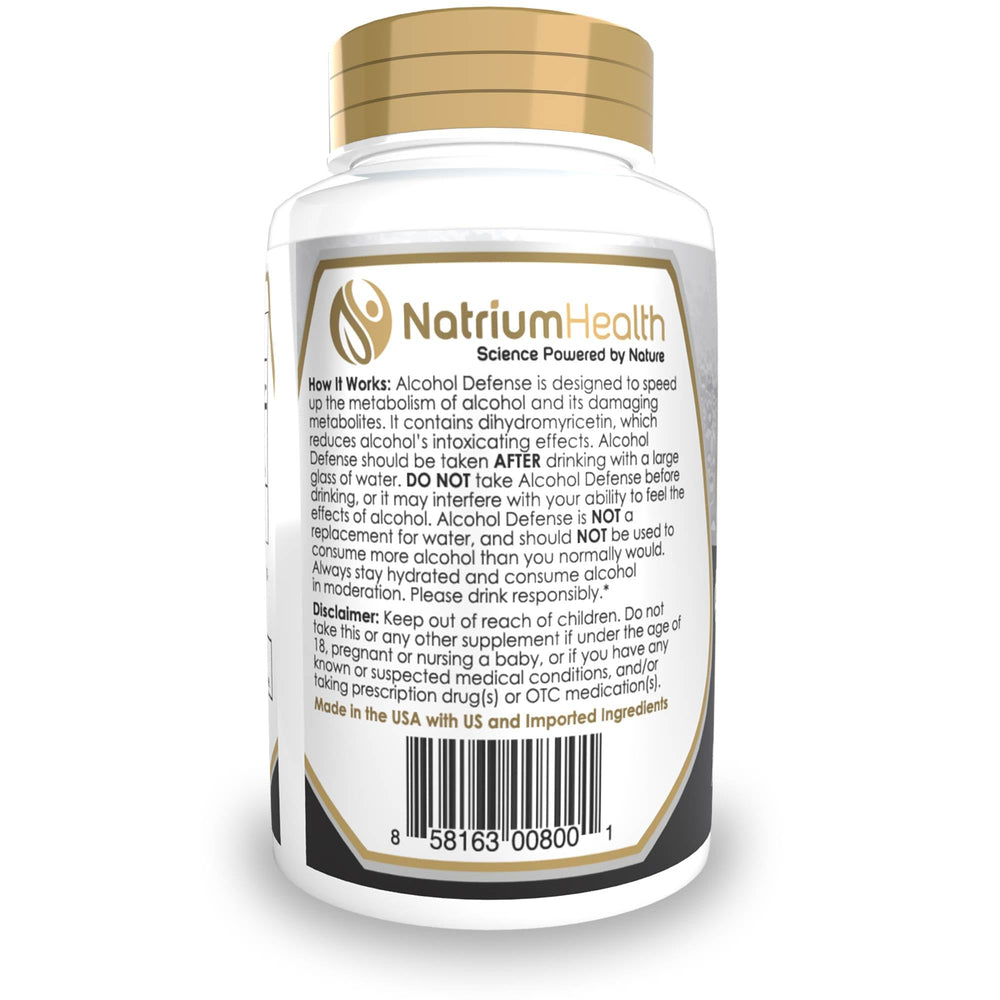 Natrium Health Alcohol Defense packaging emphasizing gluten-free, non-GMO formulation.
