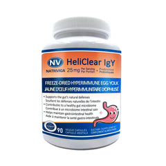 NATRIVIGA Heliclear bottle label showing dual-action formula for gut and immune support