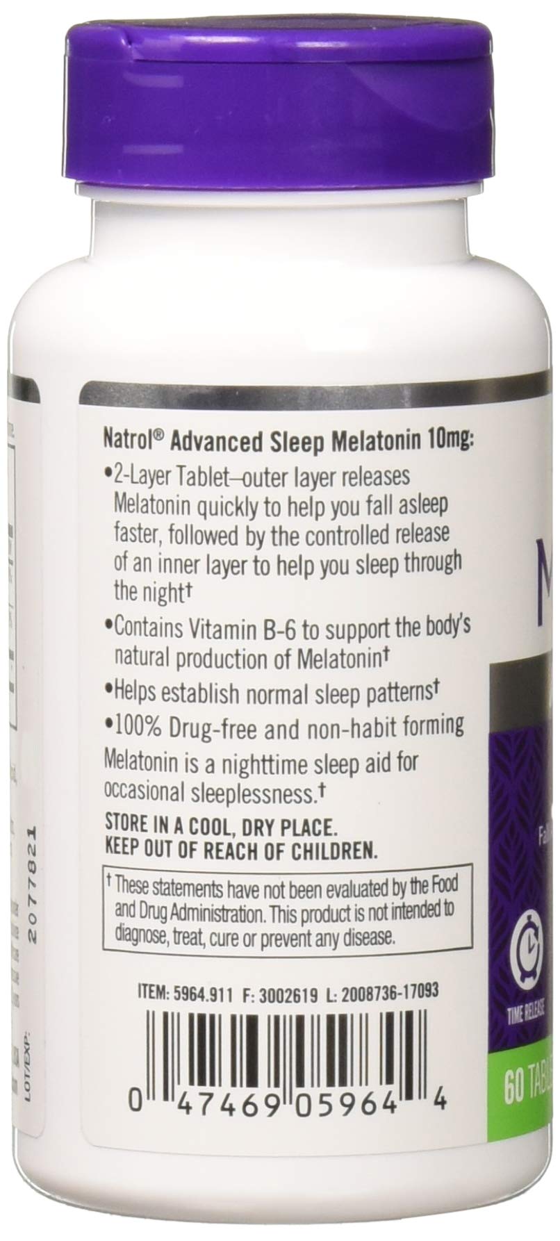 Natrol bottle side label showing 2-layer release for sleep support