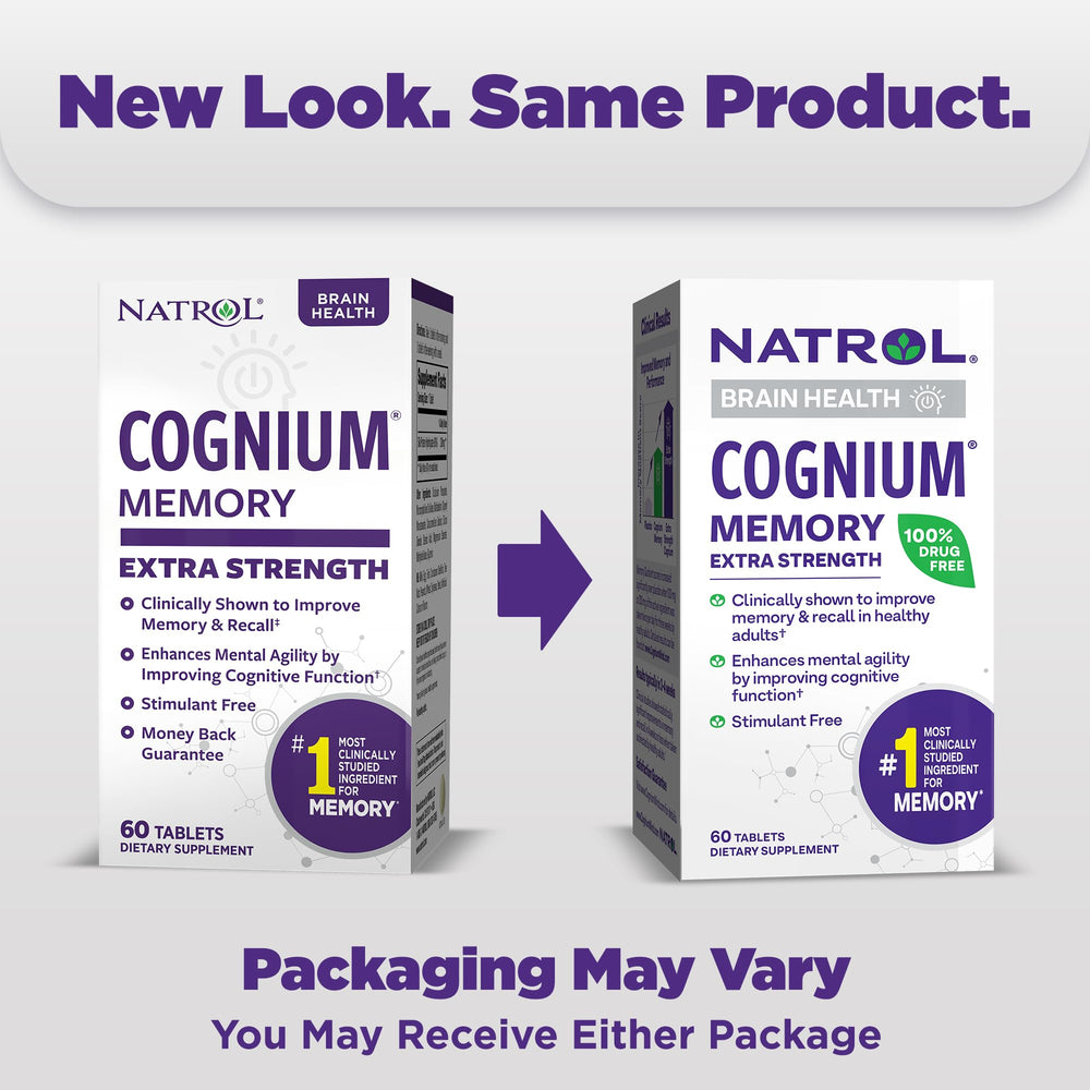 Natrol Cognium Memory Extra Strength bottle highlights stimulant-free brain health supplement.