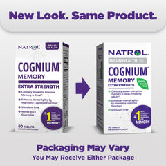 Natrol Cognium Memory Extra Strength bottle highlights stimulant-free brain health supplement.