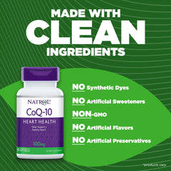 Natrol CoQ-10 bottle beside heart-healthy lifestyle visuals.