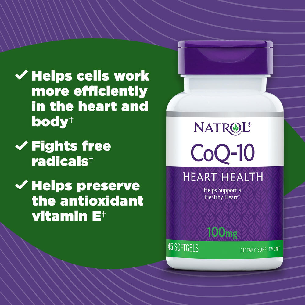 Natrol CoQ-10 packaging highlights 100 mg dosage for consistent intake.