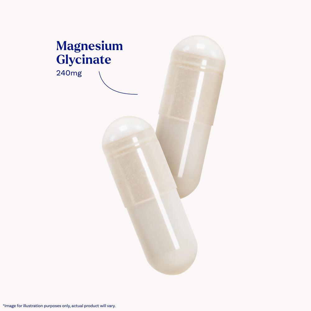 Natrol Magnesium Glycinate label close-up emphasizing 240 mg per capsule for easy dosing.