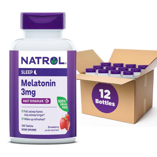 Natrol melatonin 3mg strawberry tablets bottle in box, supports occasional sleeplessness.