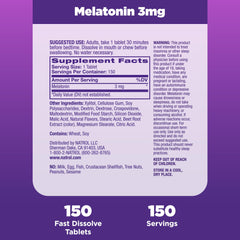 Natrol melatonin strawberry-flavored tablets beside glass, no water needed.