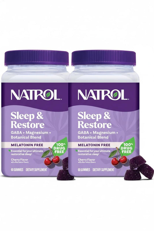 Natrol Sleep & Restore bottle highlights melatonin-free sleep support with cherry flavor.