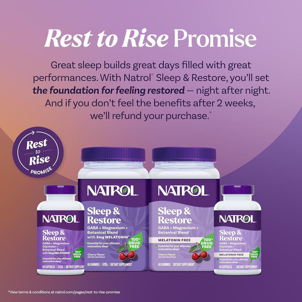 Natrol Sleep & Restore capsules paired with a glass of water for bedtime use.