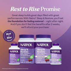 Natrol Sleep & Restore capsules paired with a glass of water for bedtime use.