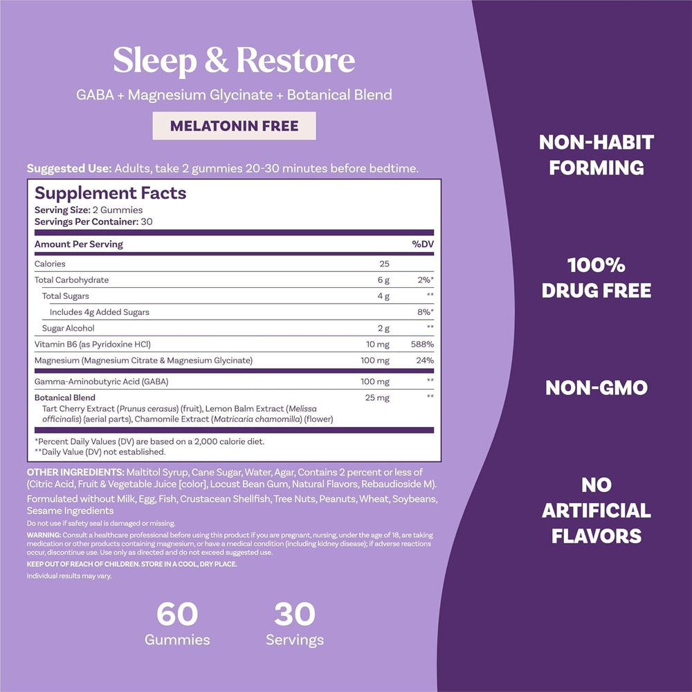 Packaging image conveys non-dye, vegetarian gummies ideal for nighttime routines.