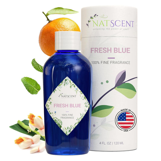 Natscent Fresh Blue diffuser oil bottle for a refreshing linen aroma.