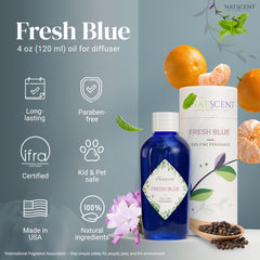 Natscent Fresh Blue label close-up highlights IFRA-certified fragrance details.