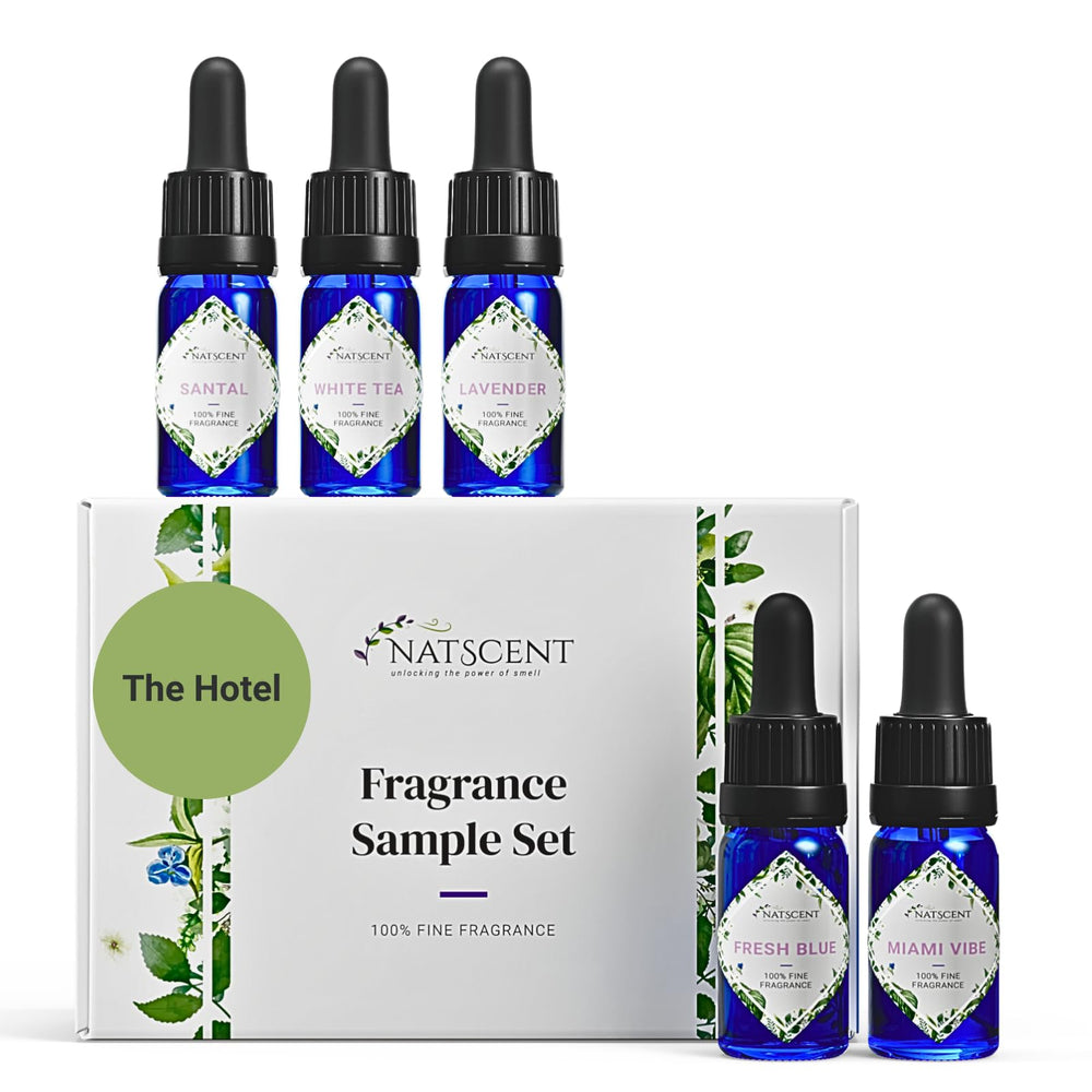 Natscent Hotel Fragrance Set bottles closeup, luxurious home ambiance.