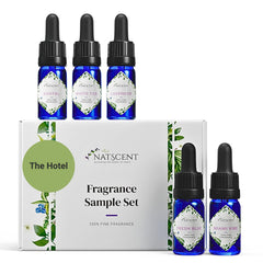 Natscent Hotel Fragrance Set bottles closeup, luxurious home ambiance.