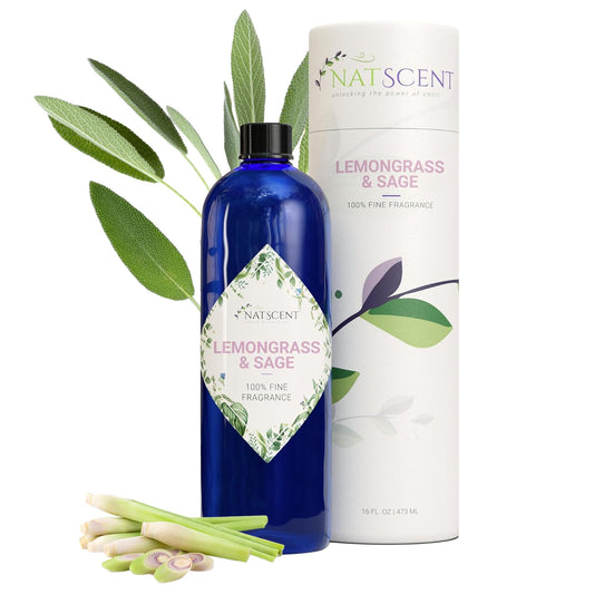 Natscent Lemongrass & Sage bottle front for a refreshing diffuser aroma at home