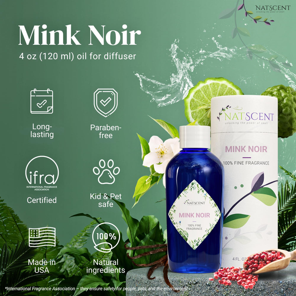 Natscent Mink Noir bottle close-up, vanilla notes for warm evenings