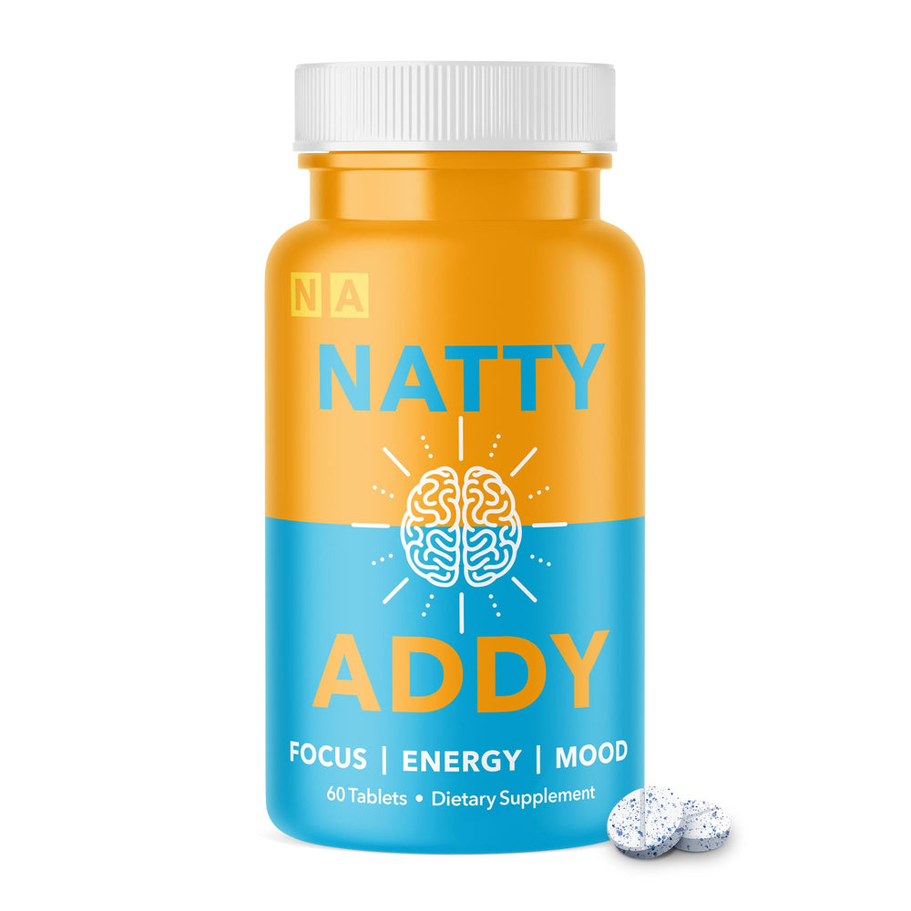 Natty Addy brain support bottle front view showcases everyday focus.