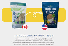 Natura Fiber packaging front view showing organic ingredients and clean labeling.