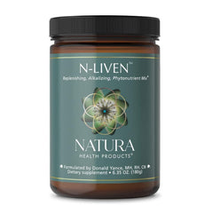 N-Liven bottle front label showing organic greens blend and brand name for daily wellness