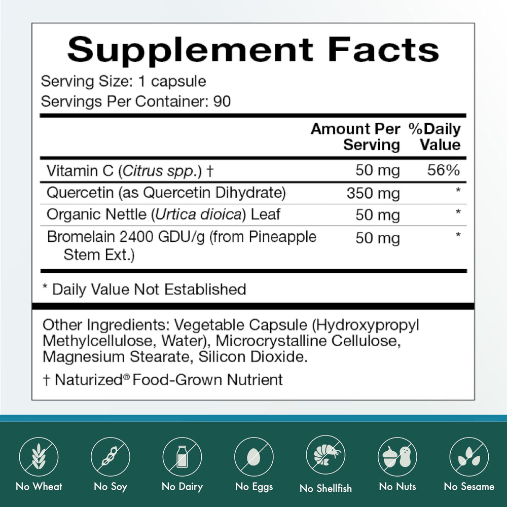 Label close-up of Natura Health Quercetin Plus showing details.