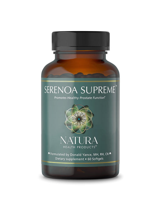 Natura Health Serenoa Supreme bottle with label; supports daily prostate health potential.