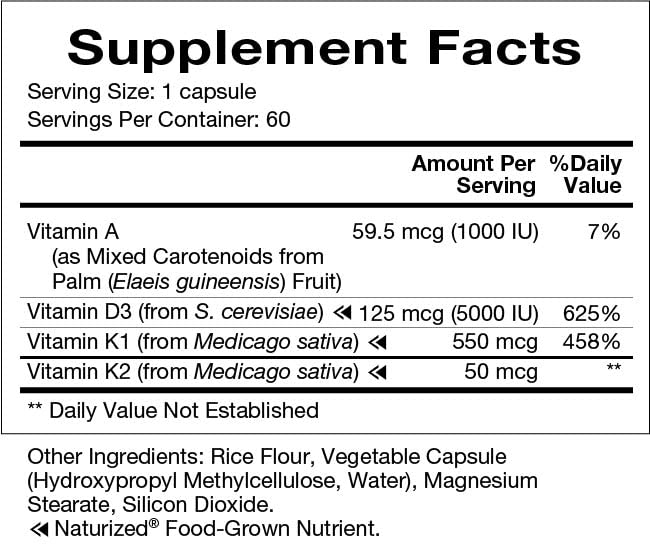 Natura Health Products Vitamin D-A-K bottle top view with compact daily design.
