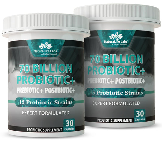 NaturaLife Labs Probiotics 70B CFU bottle front view for daily gut support