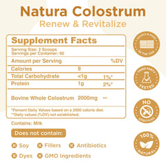 Natura Nutrition colostrum powder scoop highlighting convenient daily serving