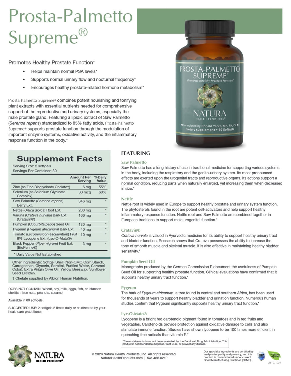 Natura Health Products ingredient display with saw palmetto and pumpkin seeds benefits