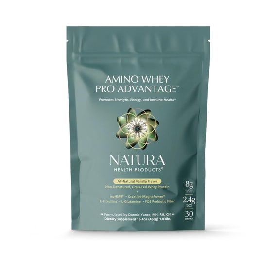Natura Whey Pro Advantage bottle close-up for muscle support and recovery