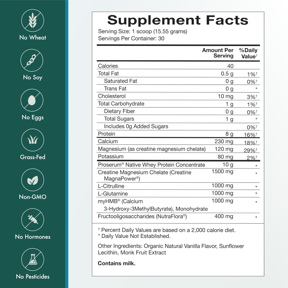 Natura Whey Pro Advantage ingredient panel shows grass-fed whey protein
