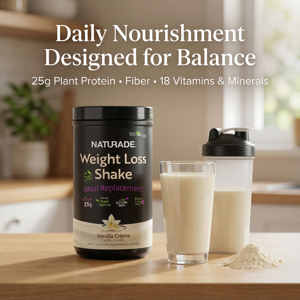 Naturade vanilla shake showing high-fiber formula for fullness between meals.