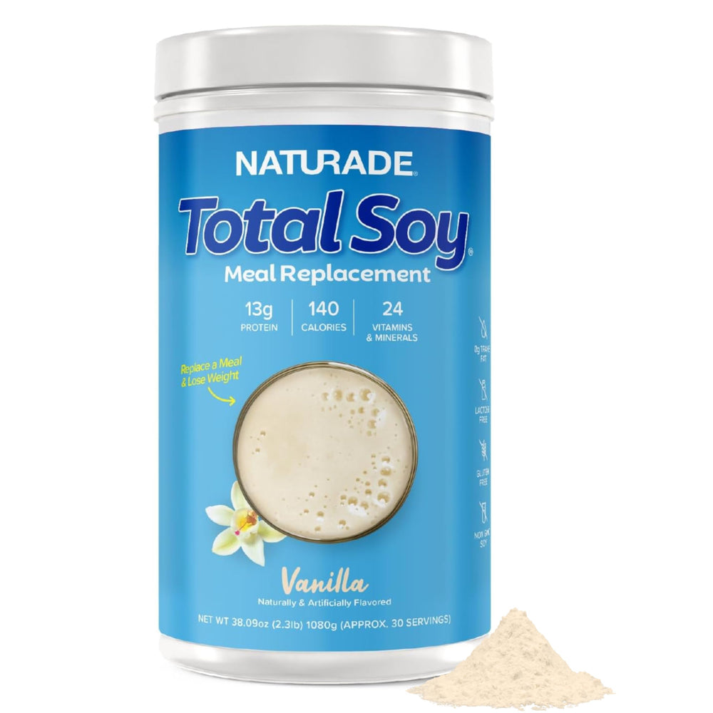 Naturade Total Soy vanilla powder canister highlighting complete plant protein for daily wellness.