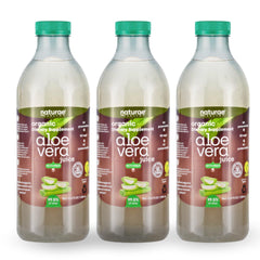 Naturae Aloe Vera Juice bottle front shows pure organic hydration with pulp.