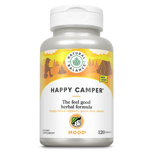 Natural Balance Happy Camper bottle with mood-support capsules for daily use.