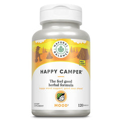 Natural Balance Happy Camper bottle with mood-support capsules for daily use.