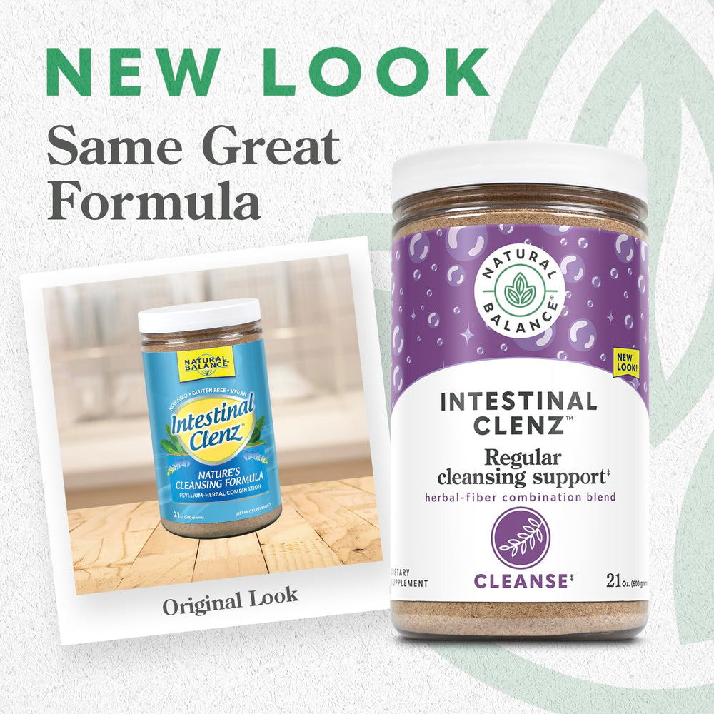 Natural Balance Intestinal Clenz herbal blends close-up, highlighting psyllium and herbs for gut health.