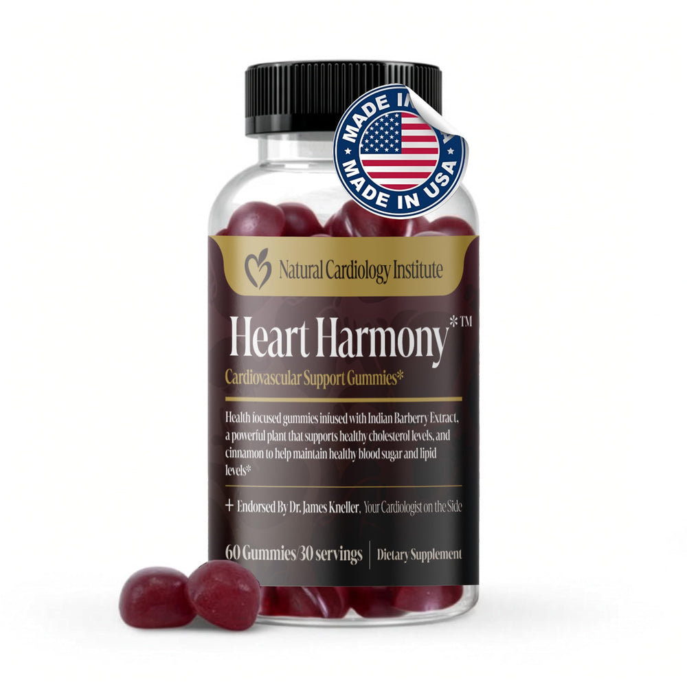 Natural Cardiology Institute Heart Harmony gummies label highlights berberine and cinnamon benefits for daily wellness.