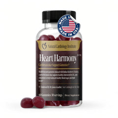 Natural Cardiology Institute Heart Harmony gummies label highlights berberine and cinnamon benefits for daily wellness.