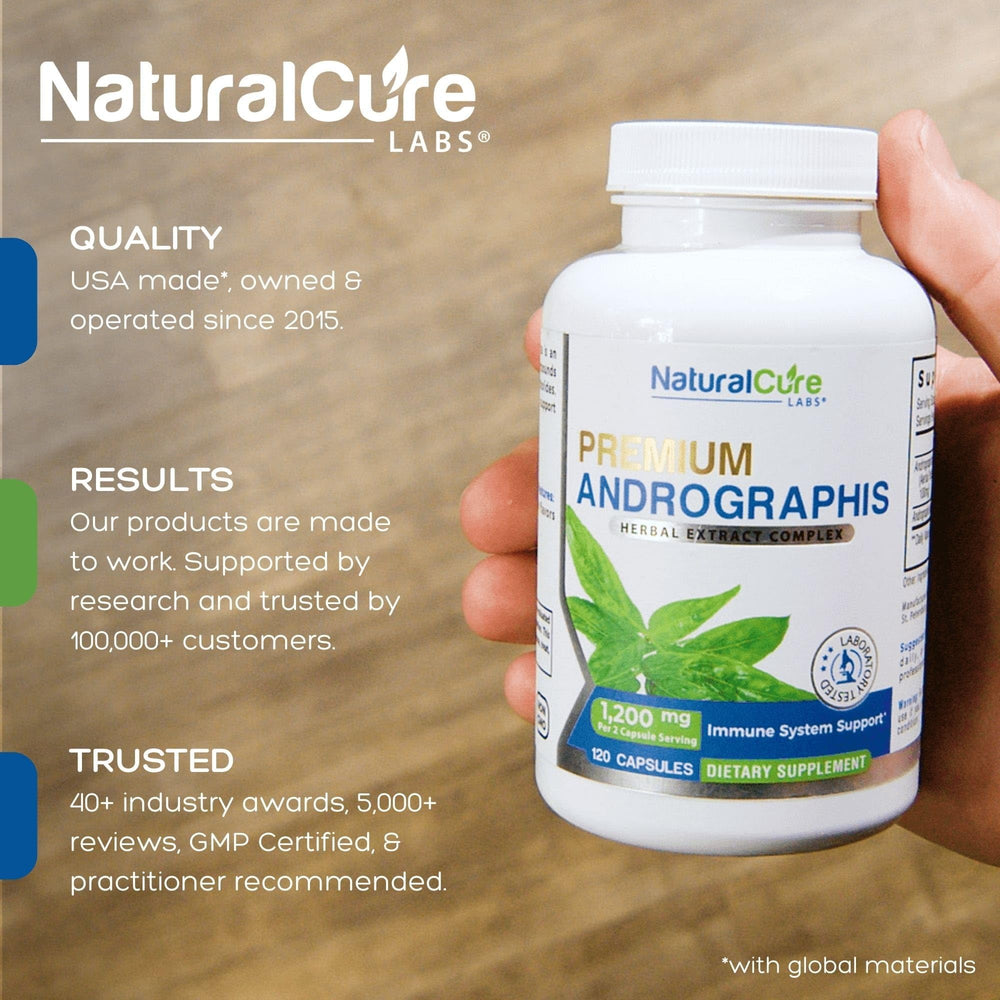 Natural Cure Labs Andrographis capsules close-up showing vegan, non-GMO formula for daily use