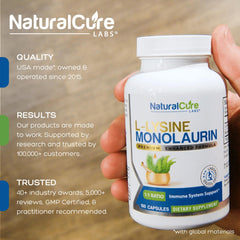 Natural Cure Labs capsules showing 600 mg L-Lysine and Monolaurin per serving