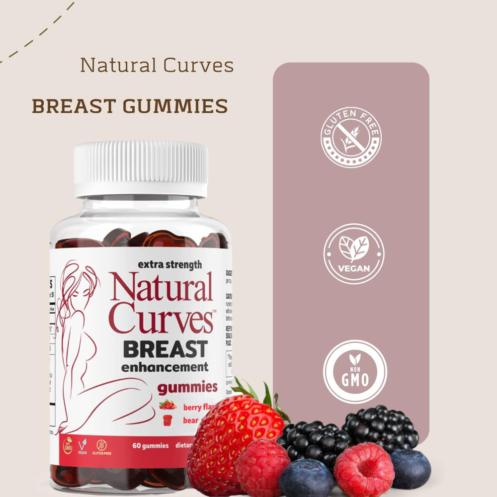 Close-up of Natural Curves gummies shows chewy texture and easy daily habit.