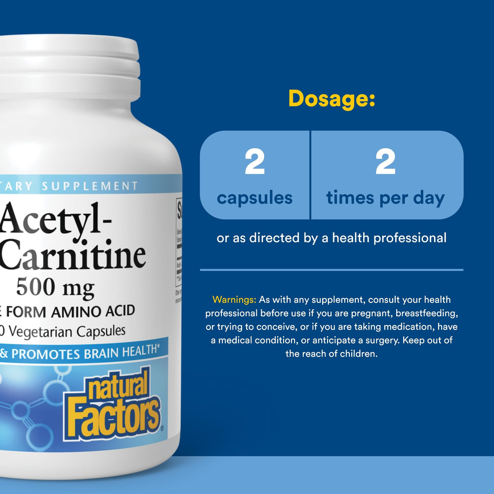 Natural Factors Acetyl L-Carnitine 500 mg label closeup highlighting energy support.