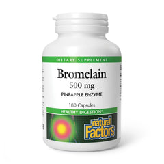 Natural Factors Bromelain bottle closeup highlighting 500 mg capsules for digestive support.