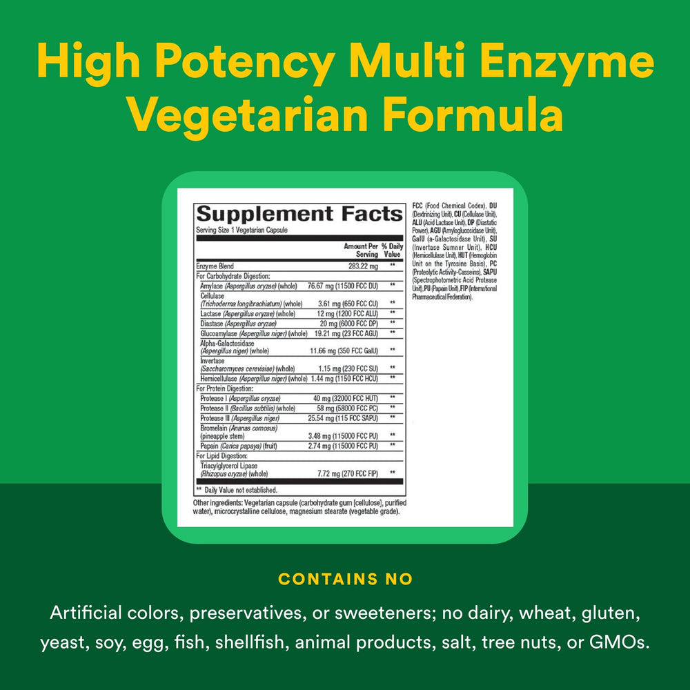 Natural Factors Enzyme coverage spectrum image communicates broad digestive support.