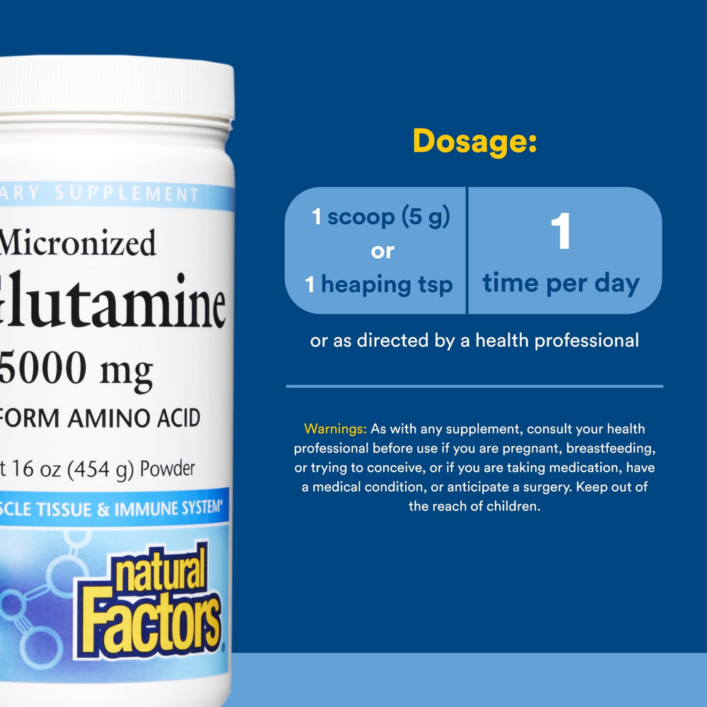 Natural Factors L-Glutamine powder dissolving in water for quick absorption